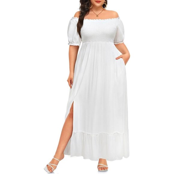 Plus Size Summer Dress Cotton Floral Off Shoulder Maxi Pockets Casual - Picture 1 of 6